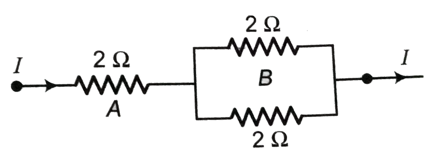 Three 2 Omega resistors, A, B and C are connected as shown in figure. Each of them dissipates energy and can with stand a maximum power of 18 W without melting. Find the maximum current that can flow through the three resistors ?