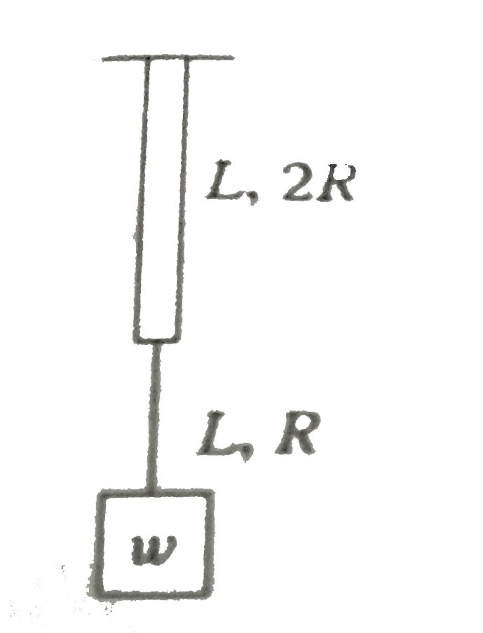 Two wires of the same material (Young's modulus=Y) and same length L but radii R and 2R respectively are joined end to end and a weight w is suspended from the combination as shown in the figure. The elastic potential energy in the system is