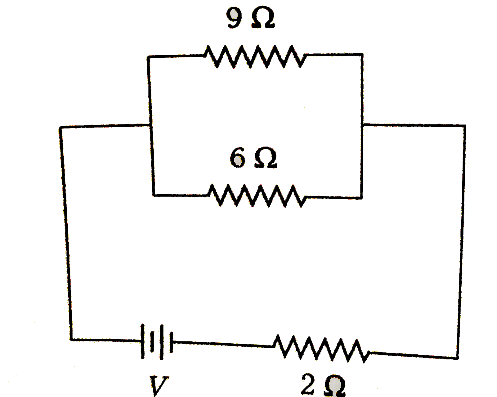 If power dissipated in the 9Omega resistor in the circuit shown is 36 W, the potential difference across the 2Omega resistor is
