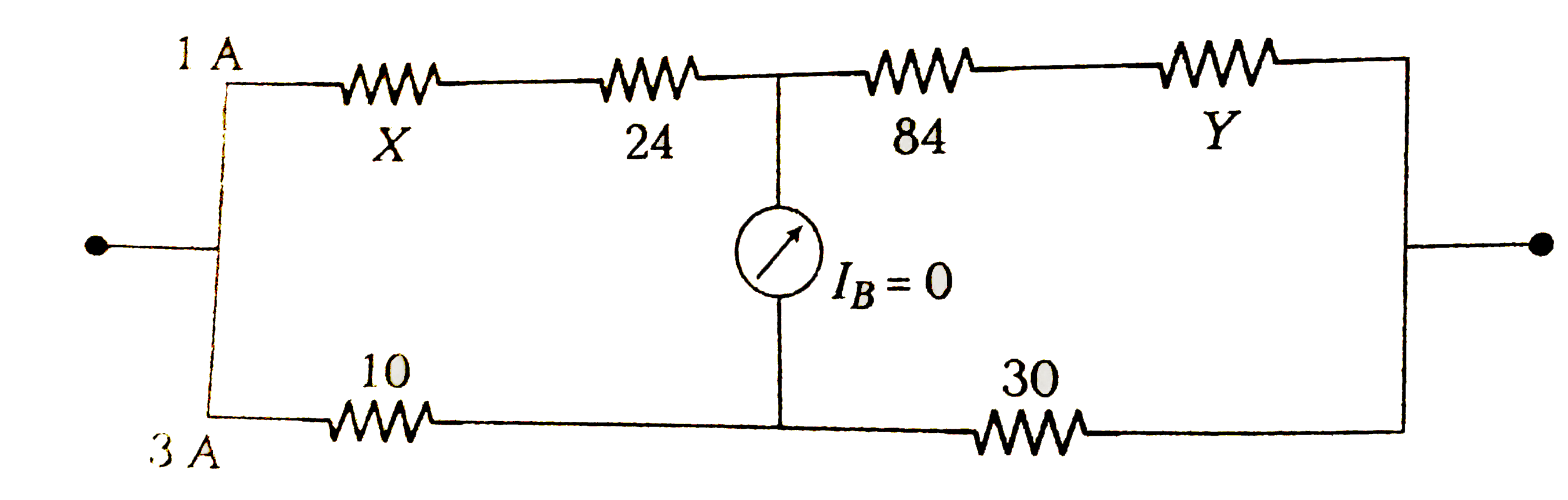 In the given circuit, the resistances are given in ohm. The  current through the 10Omega resistance is 3 A while that through the resistance X is 1 A. No current passes through the galavanometer. The values of the unknown resistances X and Y are respectively (in ohm)