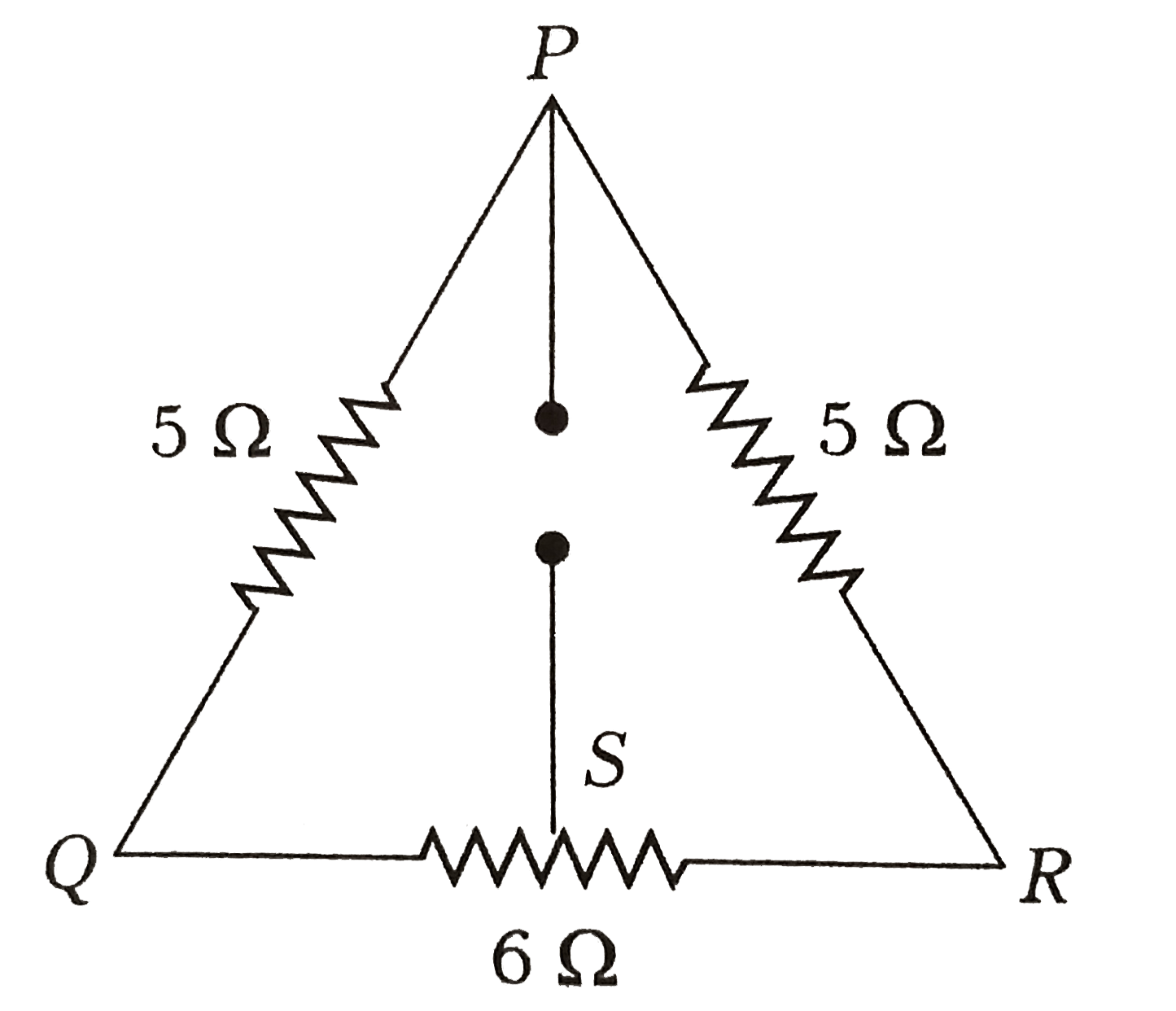 Three resistances 5Omega, 5Omega and 6Omega are connected as shown in figure. If the point S divides the resistance 6Omega into two equal halves, the resistance between points P and S is