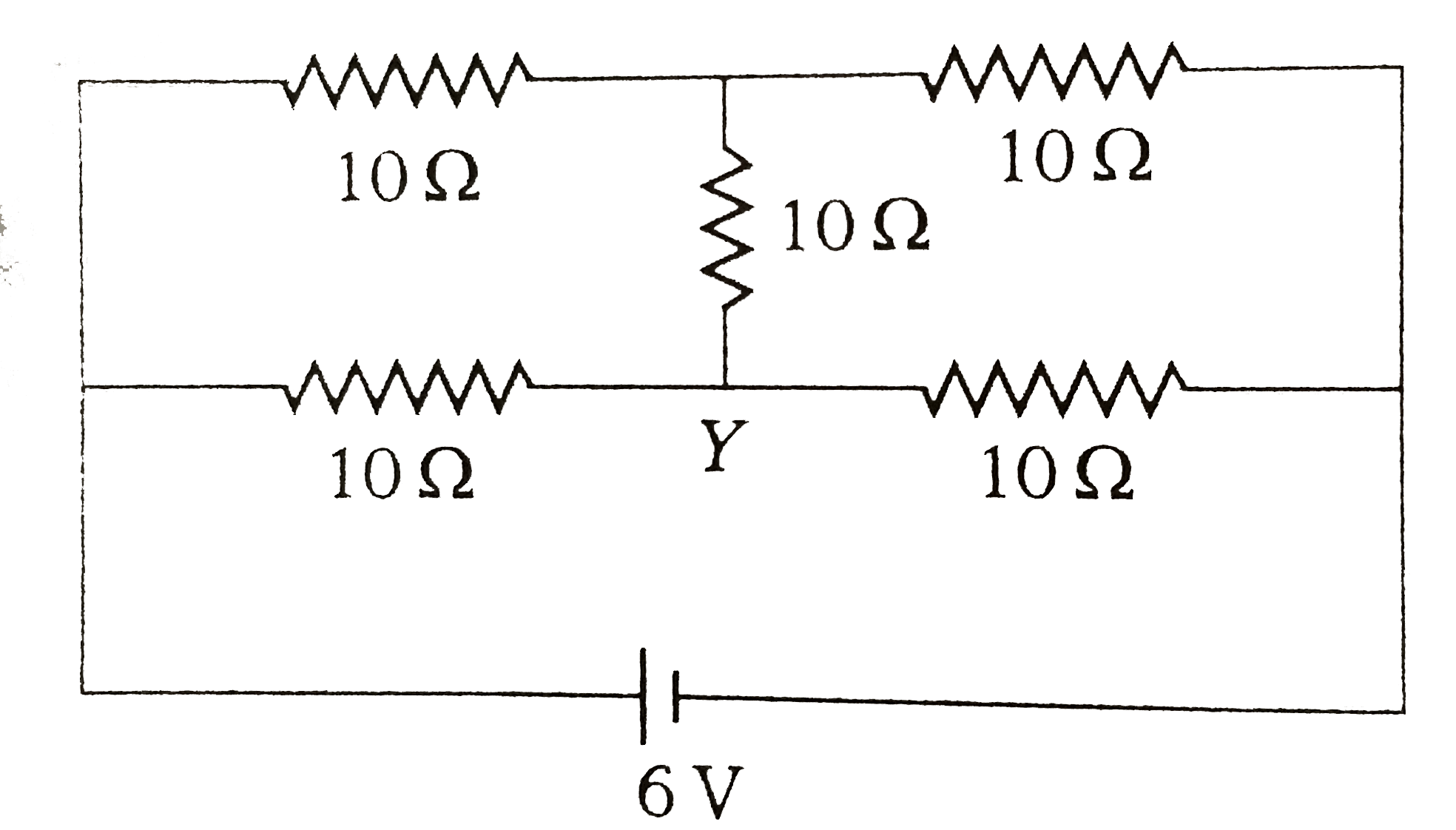 Each resistor shown in the figure has a resistance of 10 Omega and the battery has the emf 6 V. What will be the current supplied by the battery ?