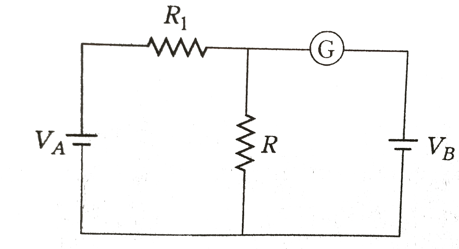 In the circuit shown ,t he cells A and B have negligible resistance. For V(A)=12V, R(1)=500 Omega and R=100 Omega the galvanometer (G) shows no deflection. The value of  V(B) is