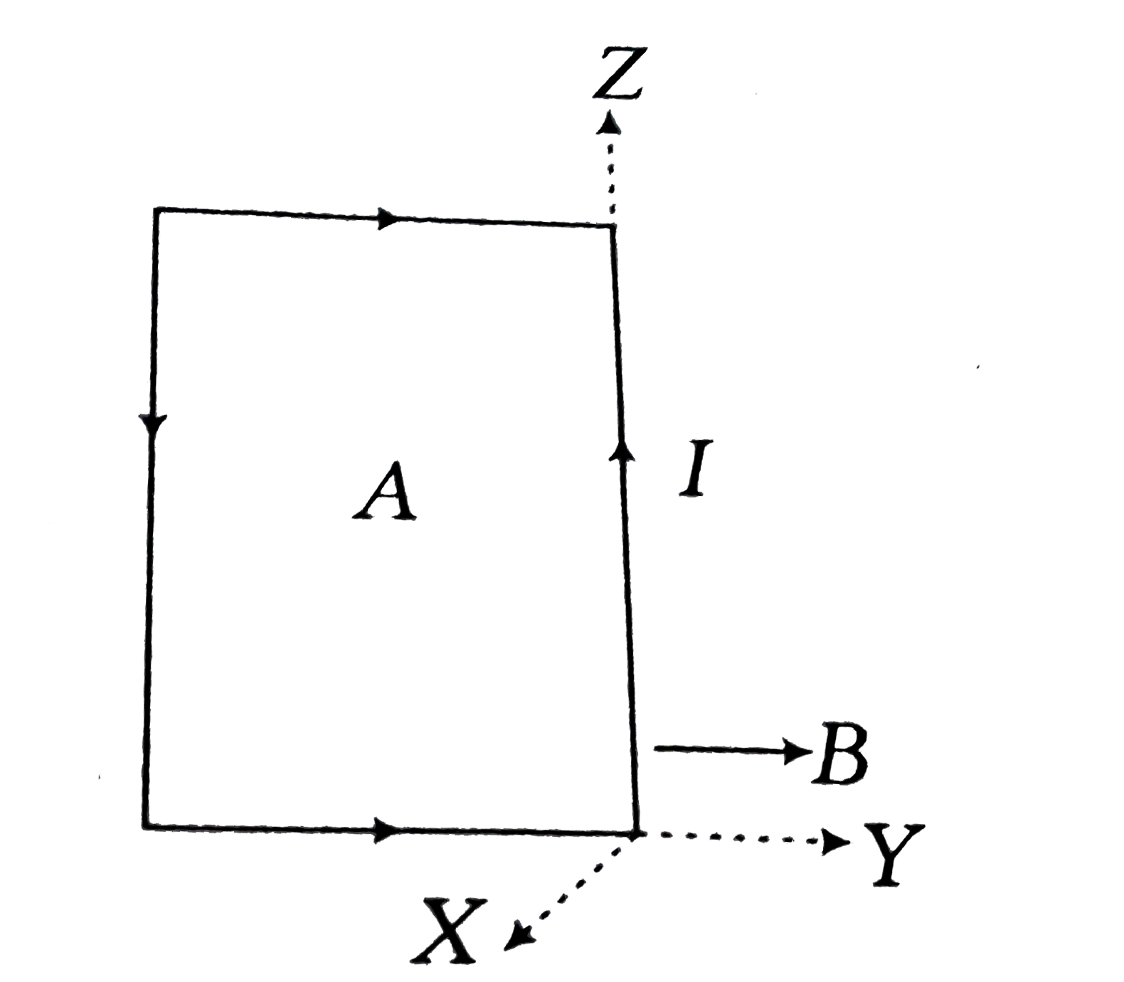 The rectangular coil of area A is in a field B. Find the torque about the Z-axis when the coil lies in the position shown and carries a current I.