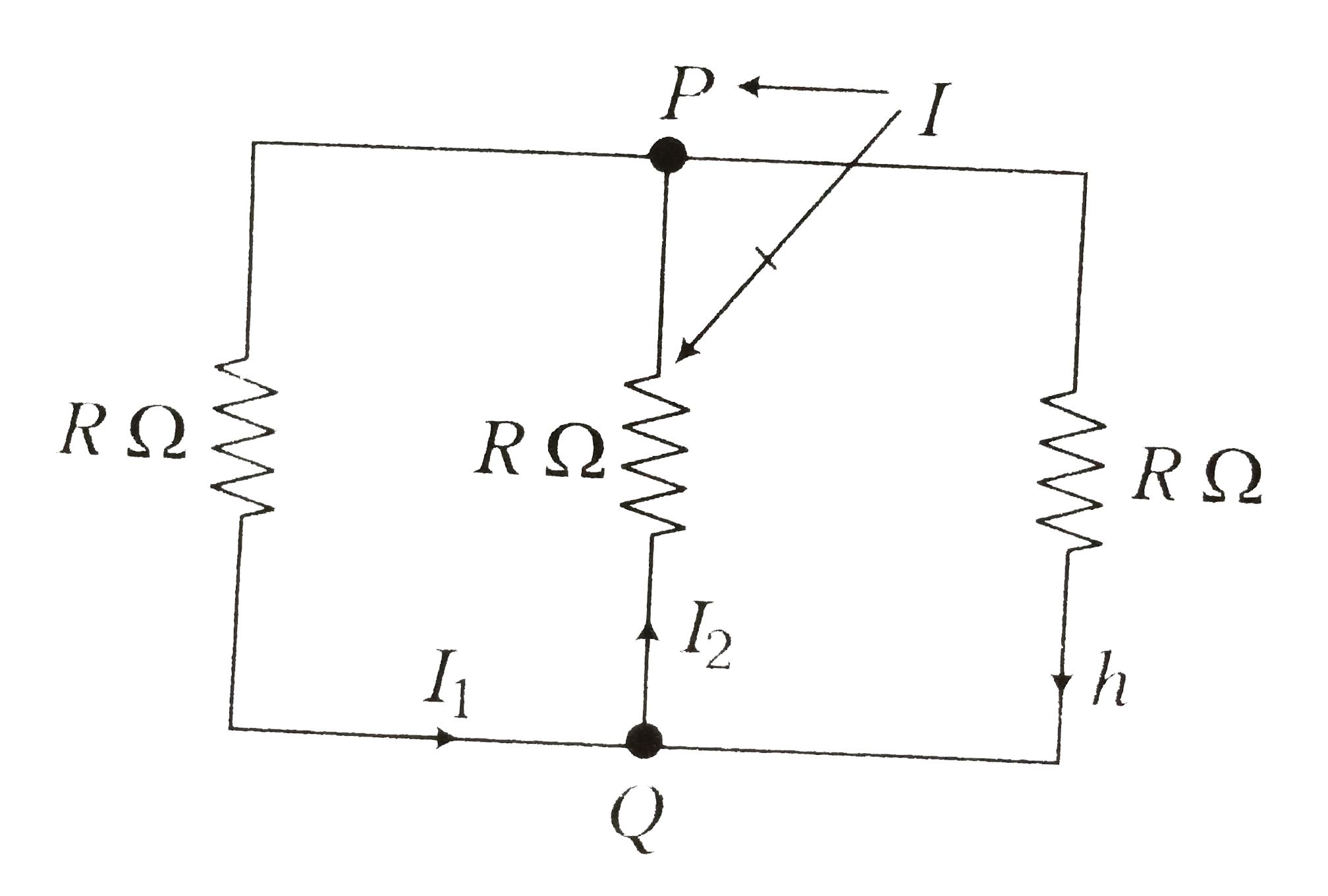 A rectangular loop has a sliding connector PQ of length l and resistance ROmega and it is moving with a speed v as shown. The set up is placed in a uniform magnetic field going into the plane of the paper. The three currents I(1),I(2) and I are