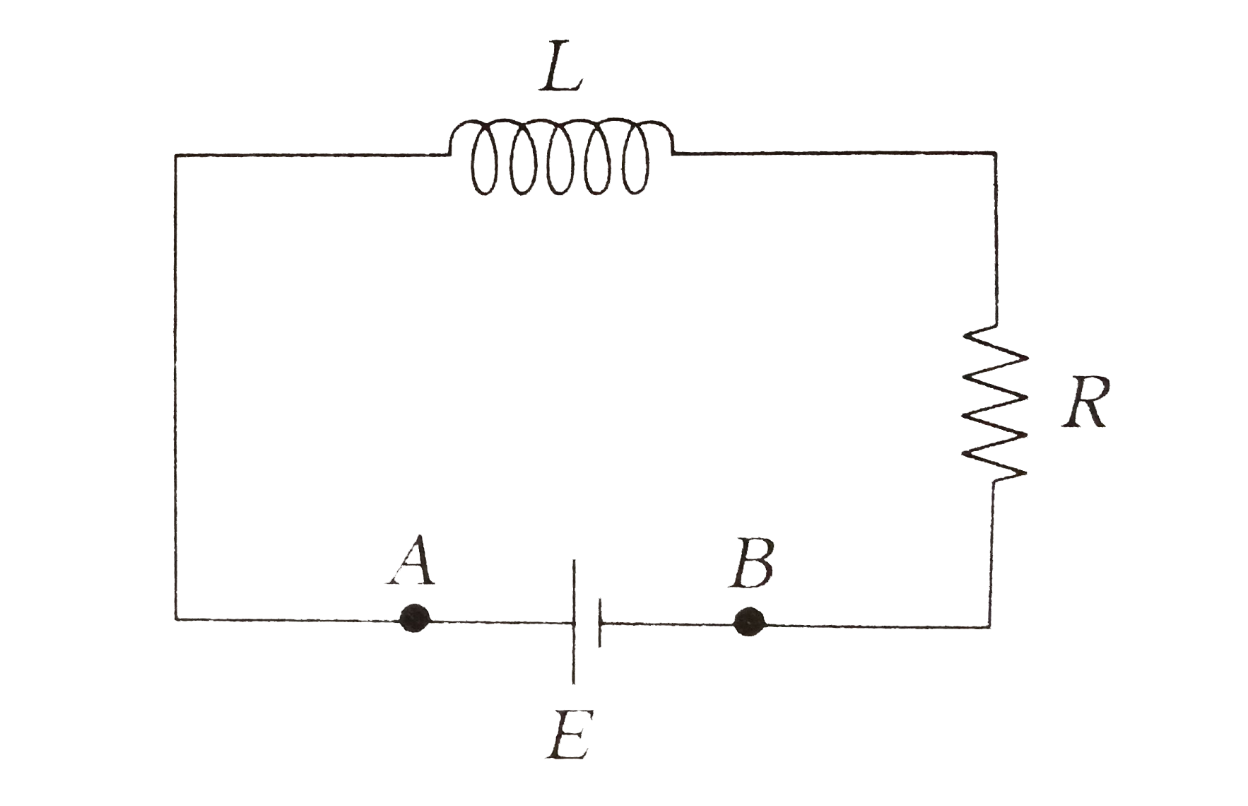 An inductor (L = 100 mH), a resistor (R = 100Omega) and a battery (E = 100V) are initially connected in series as shown in the figure. After a long time, the battery is disconnected after short-circuiting the points A and B. The current in the circuit 1 ms after the short-circuit is
