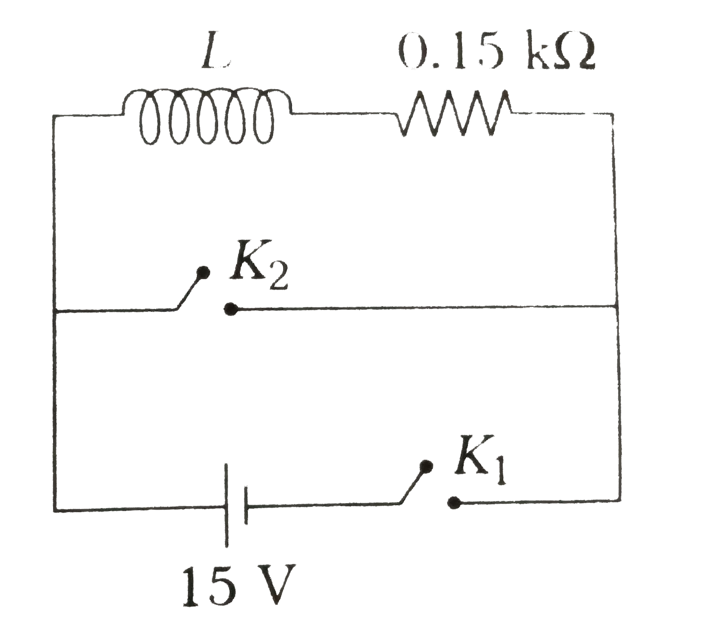 An inductor (L = 0.03H) and a resistor (R = 0.15Omega) are connected in series to a battery of 15 V emf in a circuit shown below. The key K(1) has been kept closed for a long time. Then, at t = 0, K(1) is opened and key K(2) is closed simultaneously. At t = 1 m/s the current in the circuit will be (e^(5)~=150)