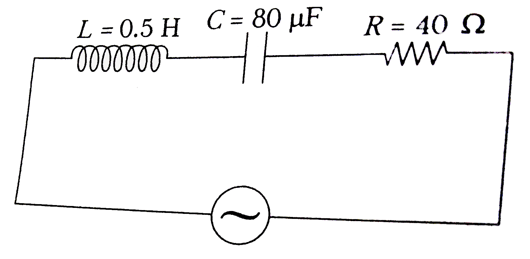 In the given figure , a series L-C-R circuit is connected to a variable frequency source of 230 V . The impedance and amplitude of the current at the resonating frequency will be