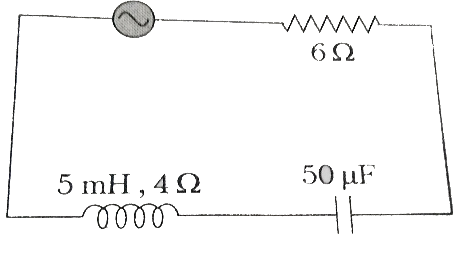 In the circuit shown, the AC source has voltage V = 20cos(omegat)volt with omega = 200 rads^(-1) the amplitude of the current will be nearest to