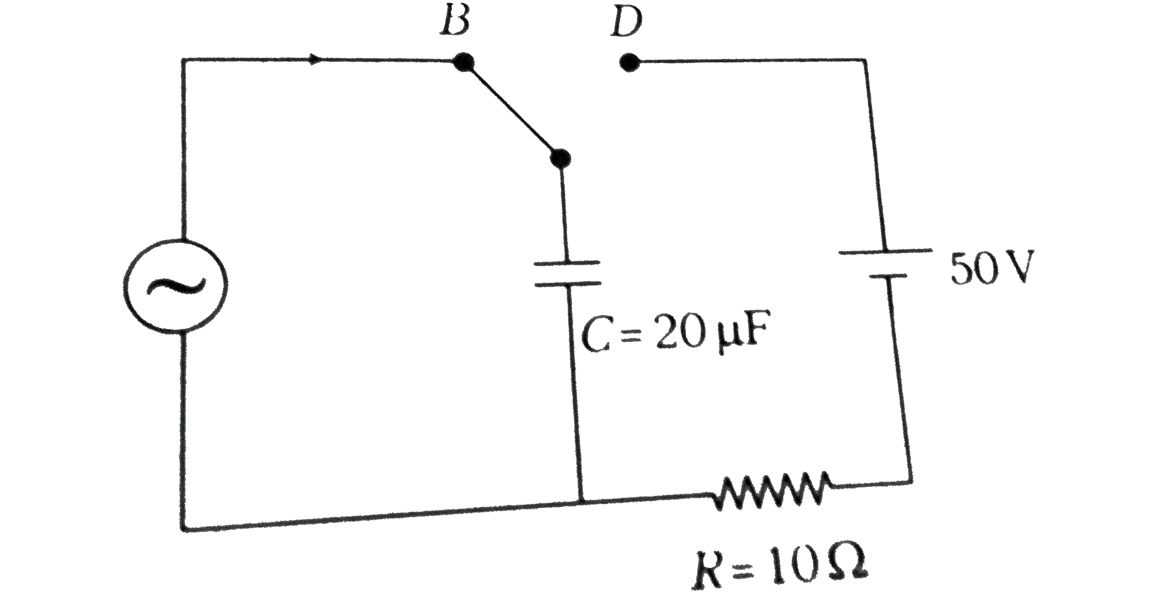 At time t = 0 , terminal A in the circuit shown in the figure is connected to B by a key and alternating current I(t) = underset(o)(I)cos(omegat), with underset(o)(I) = 1 A and omega = 500 rad s^(-1) starts flowing in it with the initial direction shown in the figure . At t = 7pi/6omega , the keys is switched from B to D . Now onwards only A and D are connected . A total charge Q flows from the battery to charge the capacitor fully. If C = 20 mu , R = 10 Omega and the battery is deal with emf of 50 V , identify the correct statement(s).