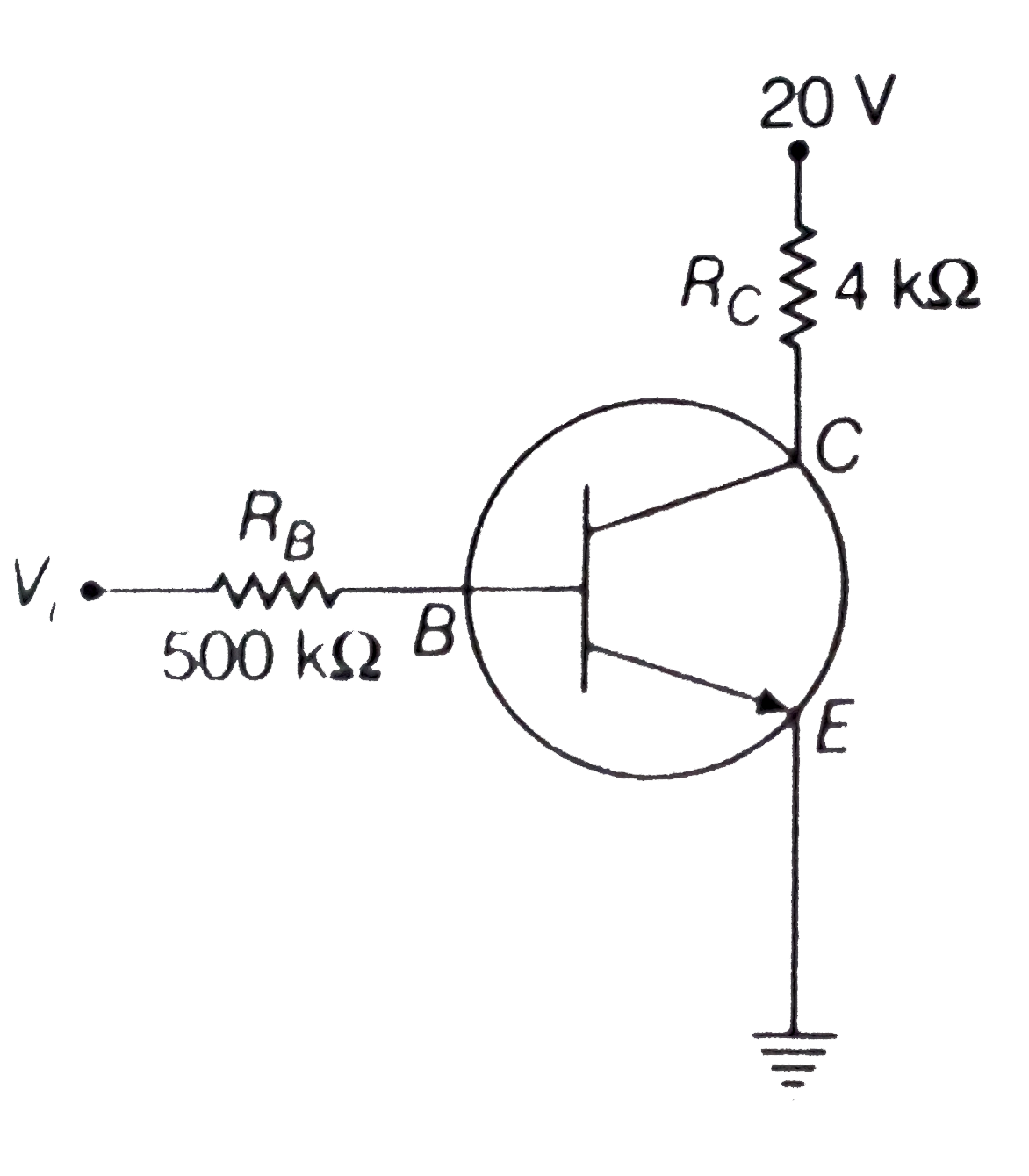 In the circuit shown in the figure, the input voltage V(i) is 20V, V(BE)=0 and V(CE) = 0. The values of I(B), I(C) and beta are given by