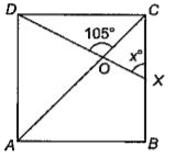 In the given figure, ABCD is a square. A line segment DX cuts the side BC at X and the diagonal AC at O such that angle COD = 105^(@) and angle OXC = x. The value of x is