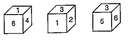 A cube has six numbers marked 1, 2, 3, 4, 5 and 6 on its faces. Three views of the cube are shown below      What possible numbers can exist on the two faces marked A and B, respectively?
