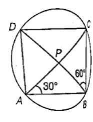 In the given figure, ABCD is a cyclic quadrilateral and diagonals D bisect each other at P. If angleDBC = 60^(@) and angleBAC = 30^(@), then angleBCD is: