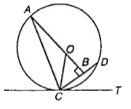 In the given diagram CT is tangent  at C, making an angle of pi/4with CD. O is the centre of the circle. CD = 10 cm. What is the perimeter of the shaded region (DeltaAOC) approximately?