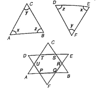 There are two congruent triangles each with area 198 cm^(2)?. Triangle DEF is placed over triangle ABC in such a way that the centroid of both the triangles coincides with each other and AB || DE, as shown in figure, thus forming a star. What is the area of the common region (PQRSTU)?