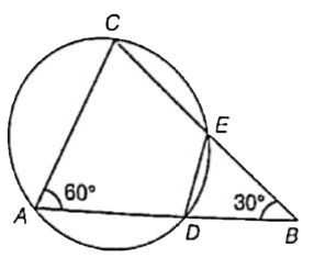 In the given figure ADEC is a cyclic quadrilateral, CE and AD are extended to meet at B. angle CAD = 60^(@) and  angle CBA= 30^(@). BD = 6 cm and CE = 5sqrt(3) cm, What is the ratio of AC : AD ?