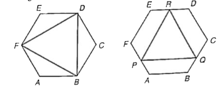 In the adjoining figure there are two congruent regular hexagons each with side 6 cm.      What is the ratio of area of DeltaBDF and DeltaPQR, if P, Q and R are the mid-points of side AF, BC and DE ?