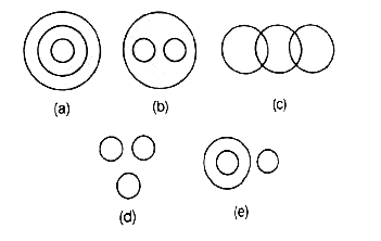 Each of the questions given below, contains three elements. These three elements may or may not have some link. Each group of the elements may fit into one of the diagrams at (a), (b), (c), (d) and (e ). You have to indicate the groups of elements, in each of the questions that will fit into any of the following diagrams . you will have to select that diagram from the set of following diagrams.    Mammals, Cows, Crows