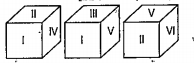 नीचे एक घन को तठोन अवस्थाएँ दर्शांई गई
हैं। रोमन अंक '1' के विपरीत फलक पर
कौन-सा रोमन अंक आएगा?