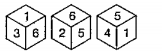 एक ही पासे की तीन अलग-अलग स्थितियाँ दिखाई गई हैं, जिस फलक में 4 है, उसकें विपरीत फलक पर कौन-सी संख्या होगी?