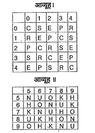 एक शब्द केवल एक संख्या समूह द्वारा दर्शाया गया है, ।
जैसा कि विकल्पों में से किसी एक में दिया गया है।
विकल्पों में दिए गए संख्या समूह अक्षरों के दो वर्गों द्वारा
दर्शाए गए हैं, जैसा कि नीचे दिए गए दो आव्यूहों में है।
आव्यूह । के स्तम्भ और पंक्ति की संख्या 0 से 4 दी गई
है और आव्यूह ॥ की 5 से 9, इन आव्यूहों से एक अक्षर
को पहले उसकी पंक्ति और बाद में स्तम्भ संख्या द्वारा
दर्शाया जा सकता है। उदाहरण के लिए,'P' को 12, 20,
41 द्वारा दर्शाया जा 'सकता है तथा'K' को 69, 75, 86
आंदि द्वारा दर्शाया जा सकता है। दिए गए शब्द 'HOUSE'
के लिए संख्या समूह पहचानिए।