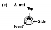 Draw the front view, side view and top view of the given objects.   A nut