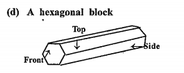Draw the front view, side view and top view of the given objects.   A hexagonal block