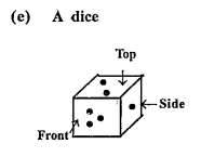 Draw the front view, side view and to view of the given objects.   A dice