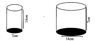 Diamter of cylinder A is 7cm, and the height is 14cm. Diameter of cylinder B is 14 cm and height is 7cm. Without doing any calculations can you suggest whose volume is greater? Verify it by finding the  volume of both the cylinders.  Check whether the cylinder with greater volume also has greater surface area?