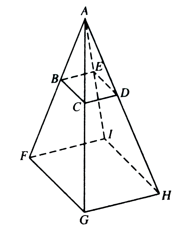 The pyramid in the figure above has square base FGHI , and all triangular faces are congruent. The base BCDE of the small pyramid is also square , and is parallel to FGHI. If the ratio of the area of square BCDE to the area of square FGHI is 1:4 , what is the ratio of the volume of the small pyramid to the volume of the large pyramid ?