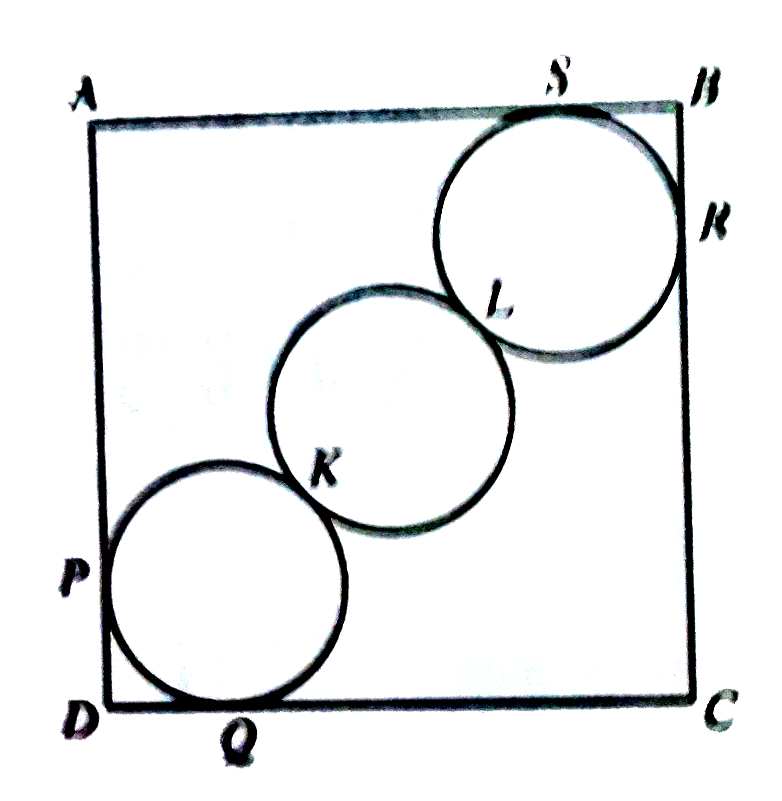 In the diagram above, ABCD is a square . The circles , whose centers lie on bar(BD), are congruent to each other . The sides of the square are tangent to the outer circles at P,Q,R and S , and the circles are tangent to each other at K and L . If the radius of each circle is 1 inch. What is the area , to the nearest square inch, of the square ?
