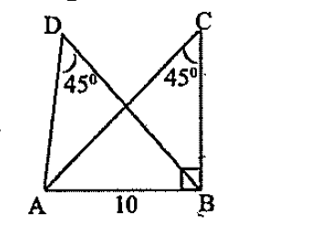 In the figure, /ABC = 90^@, /C=  /D = 45^@, AB = 10 centimetres.What is the length of AC?