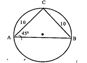 AC and BC are two equal chords of a circle with diameter AB.If the equal chords have lengths 10cm find the area of the circle