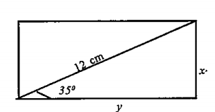 The diagonal of a rectangle is12 cm and it makes an angle 35^@ With one side. Find the perimeter of the rectangle. [sin 35^@= 0.57, cos 35^@= 0.82]
