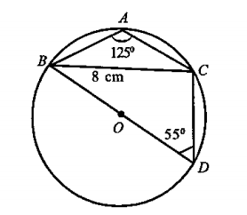 In /\ABC, /A =125^@,BC=8cm. Find the diameter of the circumcircle. [sin 55=.82]
