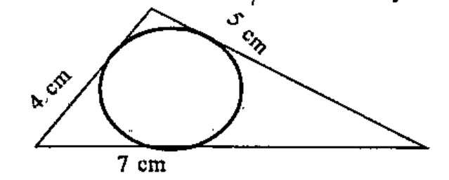 The picture shows a triangle formed by three tangents to a circle. . Calculate the length of each tangent from the corner of the triangle to the point of contact.