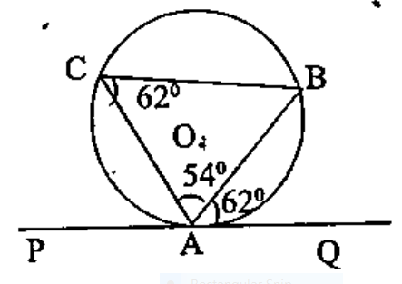 Let PQ be a tangent to a circle at A and AB be a chord. Let C be a point on the circle such that /BAC = 54^@ and /BAQ = 62^@.  Find   / ABC.