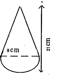 A hemisphere and a cone with same radii are attached to get a solid as given in the  figure. Radius of the hemisphere is 9 cm. The height of the two solids together is 21 cm. Find the volume of the solids.  .