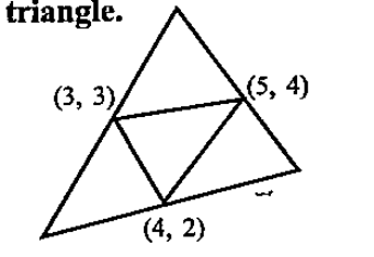 In this picture,the mid pointsof the sides of the large triangle are joined to make a small triangle inside. Calculate the coordinates of the vertices of the large triangle.