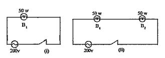 Bulbs marked 200V and 500 W are shown in the picture.  What is the power with which the bulb in circuit 1 glows ?