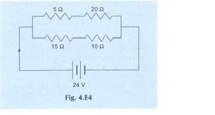 In the circuit shown below, calculate the total resistance of the circuit and the current flowing through it.