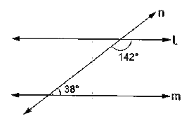 दी गई आकृति में क्या रेखा l, रेखा m के समांतर है?  अपने उत्तर का औचित्य दीजिए।
