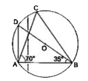 दी गई आकृति में, O वृत्त का केंद्र है। यदि  angle ABD = 350^(@)   तथा  angle BAC = 70^(@) है, तो angle ACB ज्ञात कीजिए।