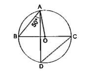 दी गई आकृति में, O वृत्त का केंद्र है तथा  angle OAB = 50^(@)  है। तब,  angleCDA = ?