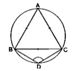 दी गई आकृति में, समबाहु त्रिभुज  Delta ABC एक वृत्त में अंतर्निहित है तथा ABDC एक चतुर्भुज है। तब, angle BDC =?