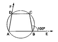 दी गई आकृति में, चतुर्भुज ABCD की भुजाएँ AB और AD क्रमशः बिंदुओं E और F तक बढ़ाई गई हैं। यदि angle CBE = 100^(@)  हो, तो angleCDF = ?