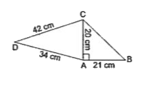 एक चतुर्भुज ABCD का परिमाप एवं क्षेत्रफल ज्ञात कीजिए, जिसमें AB = 21 cm, angle BAC = 90^(@), AC = 20 cm , CD = 42 cm तथा AD = 34 cm है।