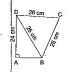 एक चतुर्भुज ABCD का क्षेत्रफल ज्ञात कीजिए, जिसमें BCD 26cm भुजावाला एक समबाहु त्रिभुज है, AD = 24 cm तथा angle RAD = 90^(@) है। चतुर्भुज का परिमाप भी ज्ञात कीजिए। [sqrt3 =1.73