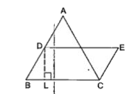 संलग्न आकृति में Delta ABC में AB = 7.5 cm, AC = 6.5 cm तथा BC=7cm है। आधार BC पर एक समांतर चतुर्भुज DBCE की रचना की गई है, जिसका क्षेत्रफल DeltaABC  के क्षेत्रफल के बराबर है। समांतर चतुर्भुज की ऊँचाई DL ज्ञात कीजिए।